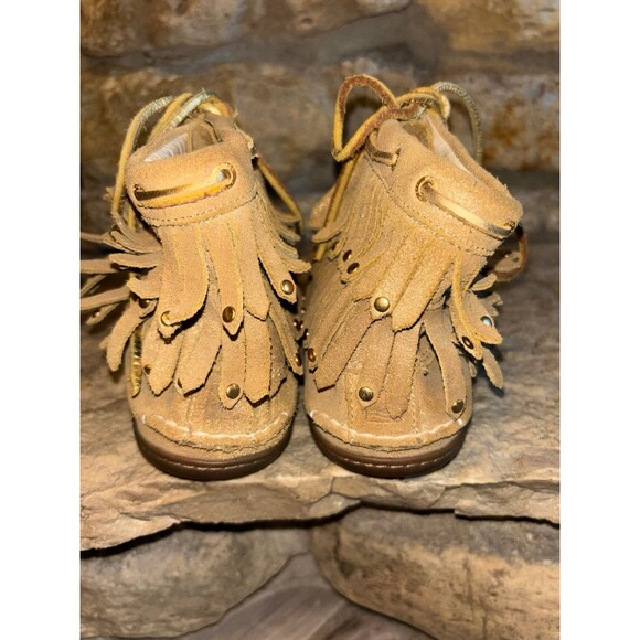 SPERRY Gold Sheen Suede Tiered Studded Fringe Ankle Lace Up Moccasins Shoes 8.5 - Picture 5 of 8